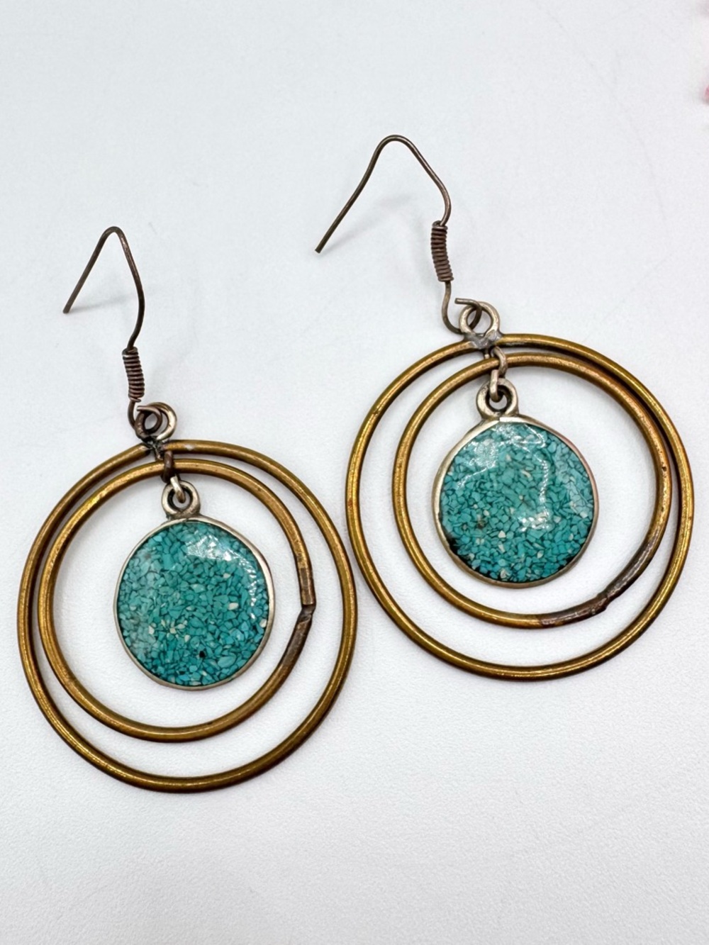 Mexico Mixed Metal Crushed Blue Stone Medallion Hoop Dangle Earrings Artisan